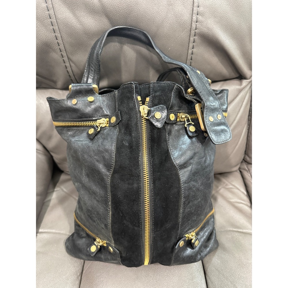 Jimmy Choo Black Leather Suede Multi Zip Sky Hobo Shoulder Bag Gold Hardware